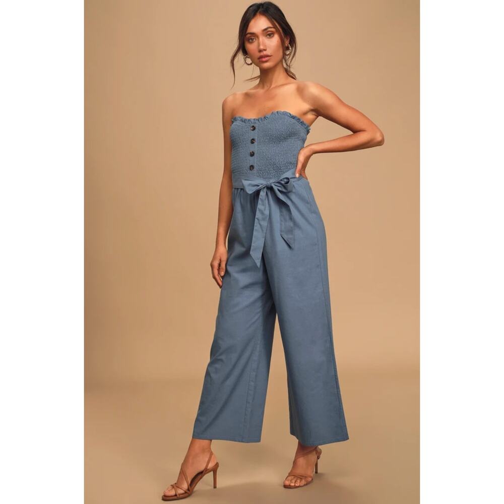 Lulu's Take A Wonder Denim Blue Smocked Linen Blend Wide-Leg Jumpsuit Size XS